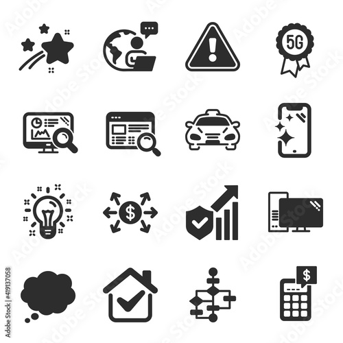 Set of Technology icons, such as Smartphone clean, Comic message, Taxi symbols. Computer, Seo analytics, 5g technology signs. Block diagram, Idea, Calculator. Security statistics. Vector © blankstock