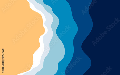 Abstract blue sea and beach summer background with paper waves and seacoast for banner, invitation, poster or web site design. Paper cut style, 3d effect imitation, space for text, vector illustration