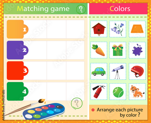 Match by color. Puzzle for kids. Matching game, education game for children. What color are the items? Worksheet for preschoolers