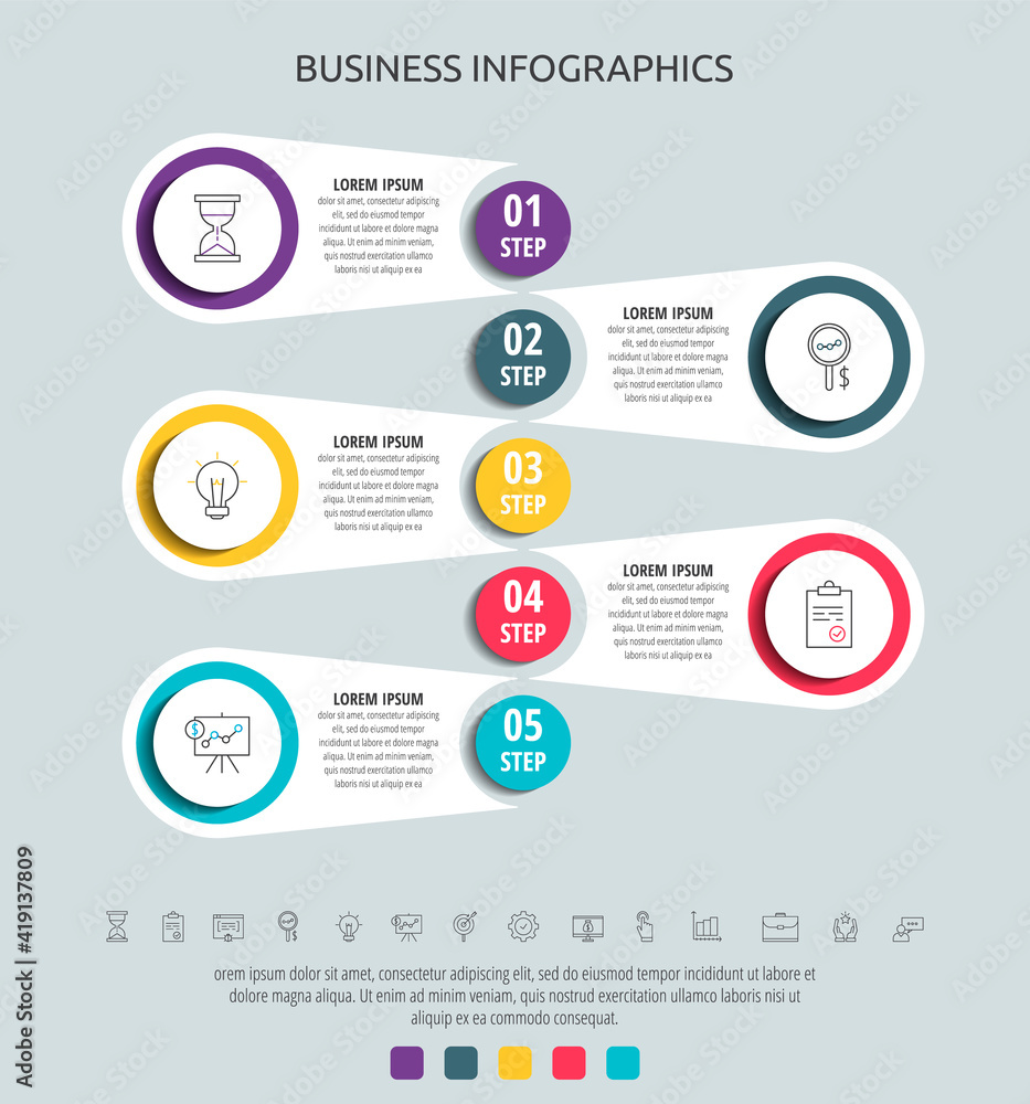 Business vector infographic circles for five label, diagram, graph, presentations. Concept with 5 options used with content, flowchart, steps, timeline, workflow, marketing.