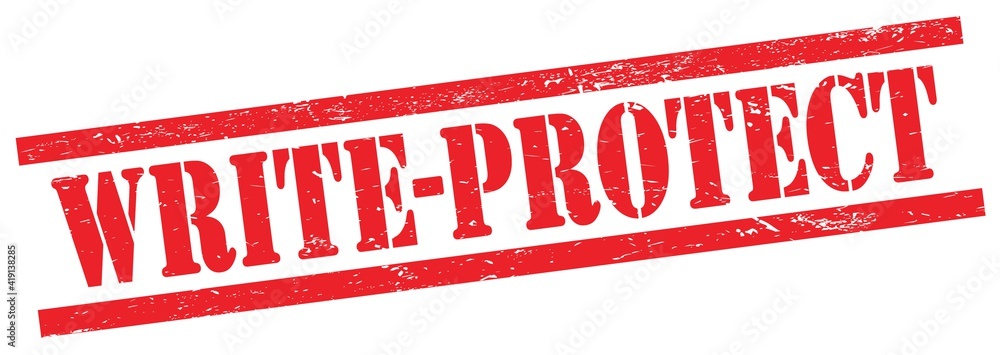 WRITE-PROTECT text on red grungy rectangle stamp. WRITE-PROTECT text on red grungy rectangle stamp.