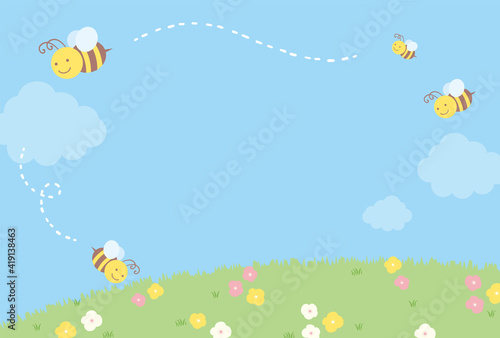 vector background with bees and flower fields for banners, cards, flyers, social media wallpapers, etc.