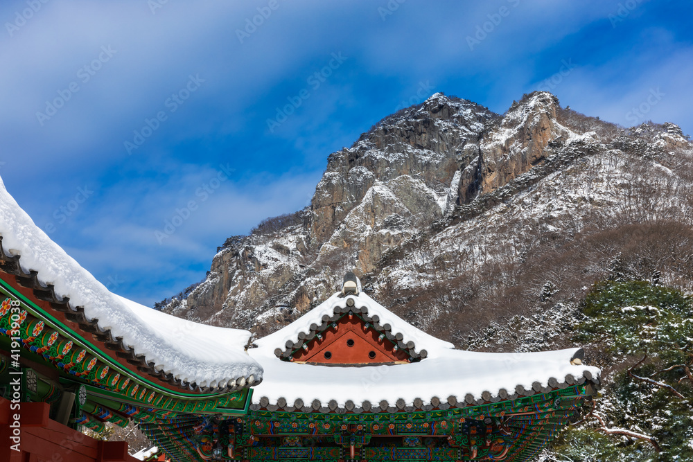 Baekyangsa Temple, the morning of Naejangsan covered with snow, winter landscape in Korea.