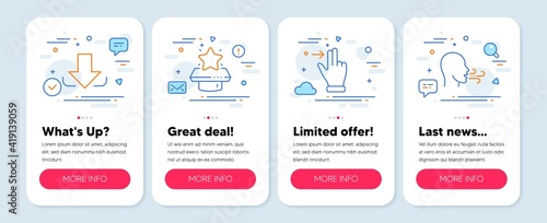 Set of Technology icons, such as Download, Touchscreen gesture, Winner podium symbols. Mobile screen banners. Breathing exercise line icons. Load file, Slide right, First place. Breath. Vector