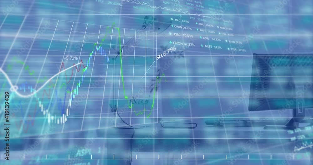 Digital composite video of financial data processing against empty office desk Digital composite video of financial data processing against empty office desk
