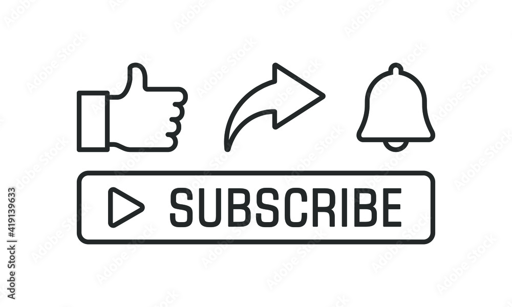 Set of social media line icons. Like, share, notification bell, and subscribe button isolated on white background. Vector illustration Set of social media line icons. Like, share, notification bell, and subscribe button isolated on white background. Vector illustration