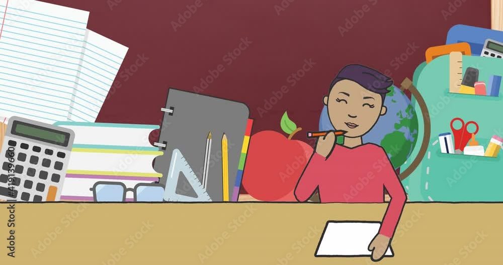 Digital animation of school girl studying and multiple school concept icons against red background Digital animation of school girl studying and multiple school concept icons against red background