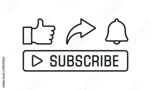 Set of social media line icons. Like, share, notification bell, and subscribe button isolated on white background. Vector illustration