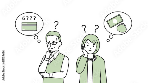 物忘れ　認知症　思い出せない　老夫婦　上半身　イラスト素材