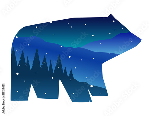 Vector flat illustration with double exposure: winter night landscape in the shape of a bear. A silhouette of an adult bear, which reflects its habitat.