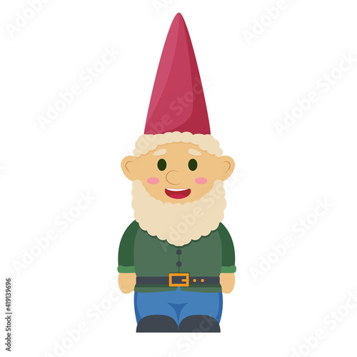 Vector flat colorful illustration of garden gnome. Isolated on white background in cartoon style.
