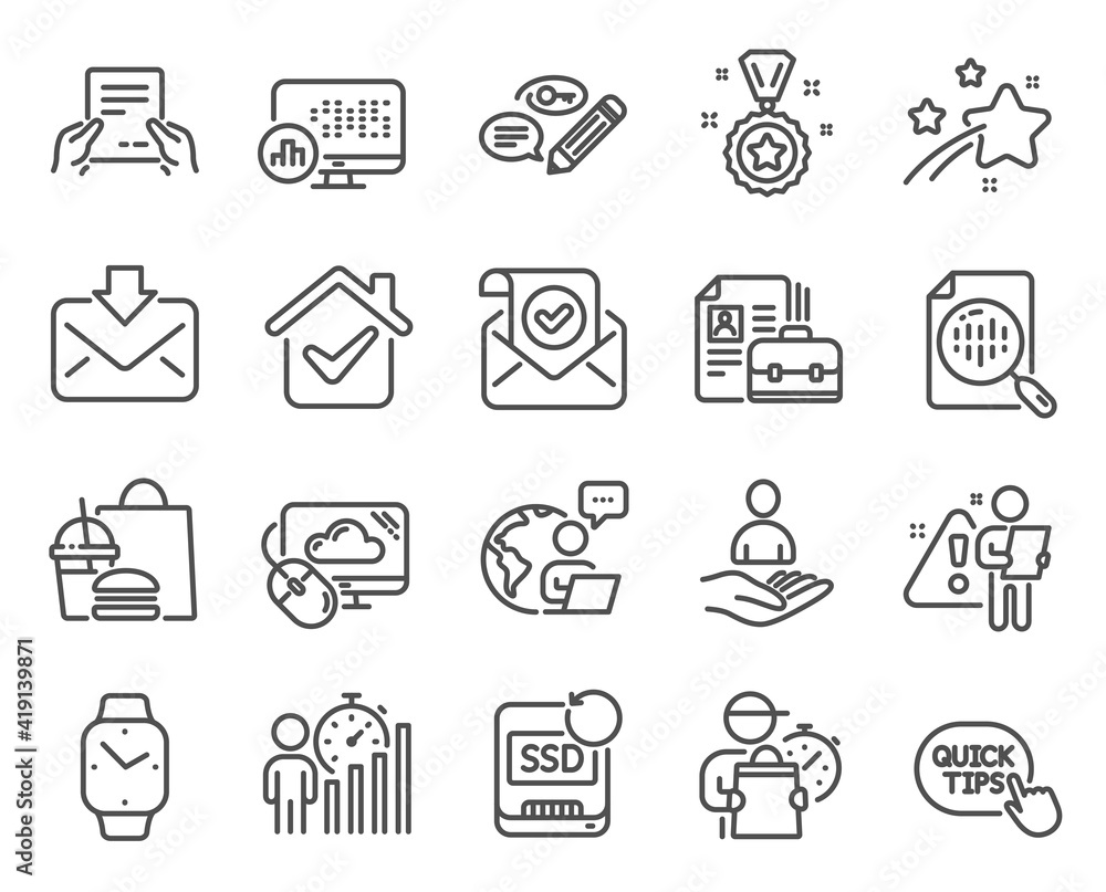 Education icons set. Included icon as Cloud computing, Recovery ssd, Quick tips signs. Keywords, Business statistics, Vacancy symbols. Smartwatch, Receive file, Analytics chart line icons. Vector