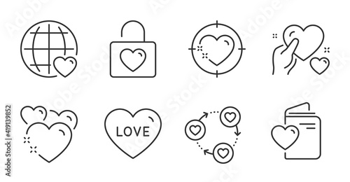 Love, Wedding locker and Heart target line icons set. Friends community, International love and Heart signs. Sweetheart, Valentines day, Internet dating. Love set. Quality line icons. Vector