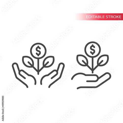 Business growth line vector icon. Hand, plant growing and dollar coin symbol, editable stroke.