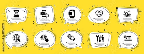 Technology icons set. Speech bubble offer banners. Yellow coupon badge. Included icon as Smile, Yummy smile, Messenger mail signs. Time, Anti-dandruff flakes, Internet symbols. Vector
