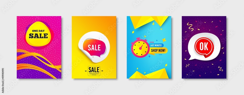 Last minute, Day sale and Sale bubble promo label set. Sticker template layout. Ok sticker sign. Banner shape, Discount sticker, Approved bubble. Promotional tag set. Speech bubble banner. Vector