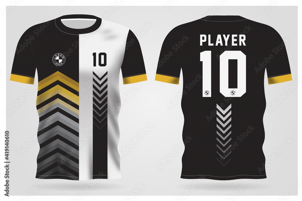 black white gold sports jersey template for team uniforms and Soccer shirt design de Stock | Adobe Stock