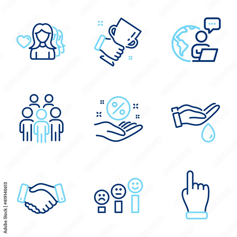 People icons set. Included icon as Employees handshake, Wash hands, Loan percent signs. Winner cup, Group people, Click hand symbols. Customer satisfaction, Woman love line icons. Vector People icons set. Included icon as Employees handshake, Wash hands, Loan percent signs. Winner cup, Group people, Click hand symbols. Customer satisfaction, Woman love line icons. Vector