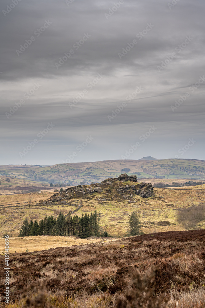 Bleak winter panoramic view of Baldstone, and Gib Torr in the Peak District National Park.