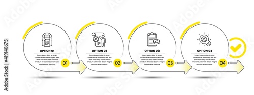 Settings blueprint, Medical prescription and Internet documents line icons set. Timeline process infograph. Cogwheel sign. Engineering cogwheel, Medicine drugs, Web page. Idea bulb. Vector