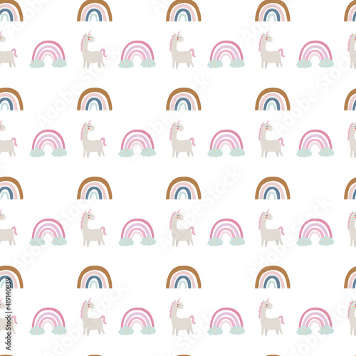 Cute unicorn and rainbow, clouds, stars seamless pattern