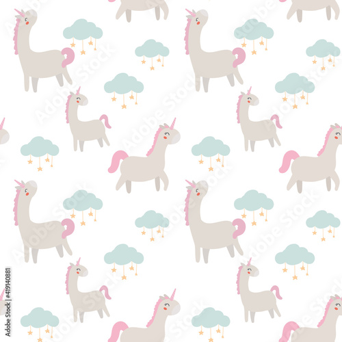 Cute unicorn and rainbow, clouds, stars seamless pattern