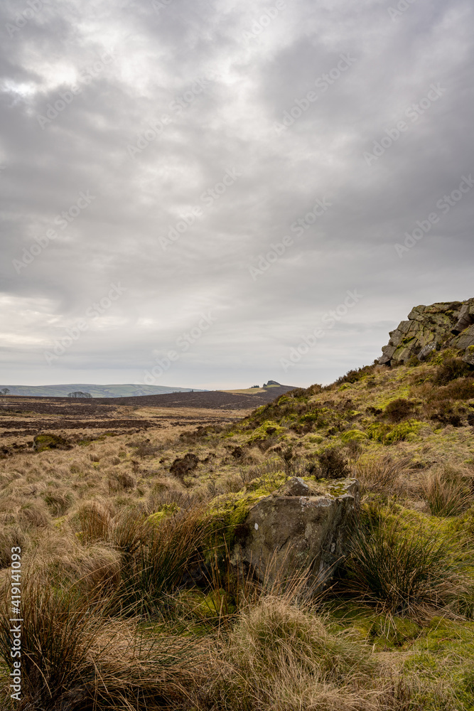 Bleak winter panoramic view of Baldstone, and Gib Torr in the Peak District National Park. Bleak winter panoramic view of Baldstone, and Gib Torr in the Peak District National Park.