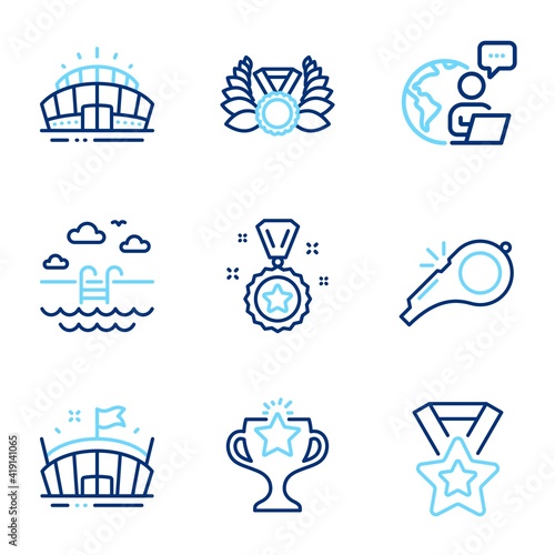 Sports icons set. Included icon as Laureate medal, Swimming pool, Victory signs. Whistle, Arena stadium, Winner reward symbols. Winner ribbon, Arena line icons. Laurel wreath, Basin. Vector