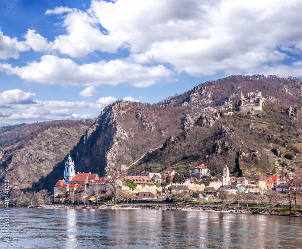 Durnstein village during spring time with ruin of castle on the rock over Danube river in Wachau, Austria