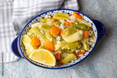 Turkish Cuisine. Leek with Olive Oil (Turkish name; Zeytinyagli Pirasa) Turkish Braised Leeks and Carrots In Olive Oil.