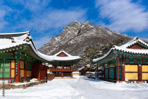 Snowy Baekyangsa Temple, winter landscape in South Korea.