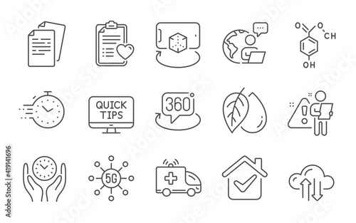 Safe time  360 degree and 5g technology line icons set. Mineral oil  Augmented reality and Cloud sync signs. Patient history  Web tutorials and Chemical formula symbols. Line icons set. Vector