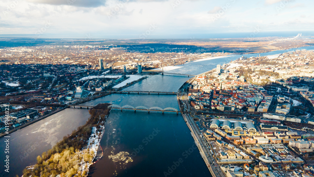 Beautiful panoramic aerial view photo from drone to Riga, Latvia. Aerial view in during winter