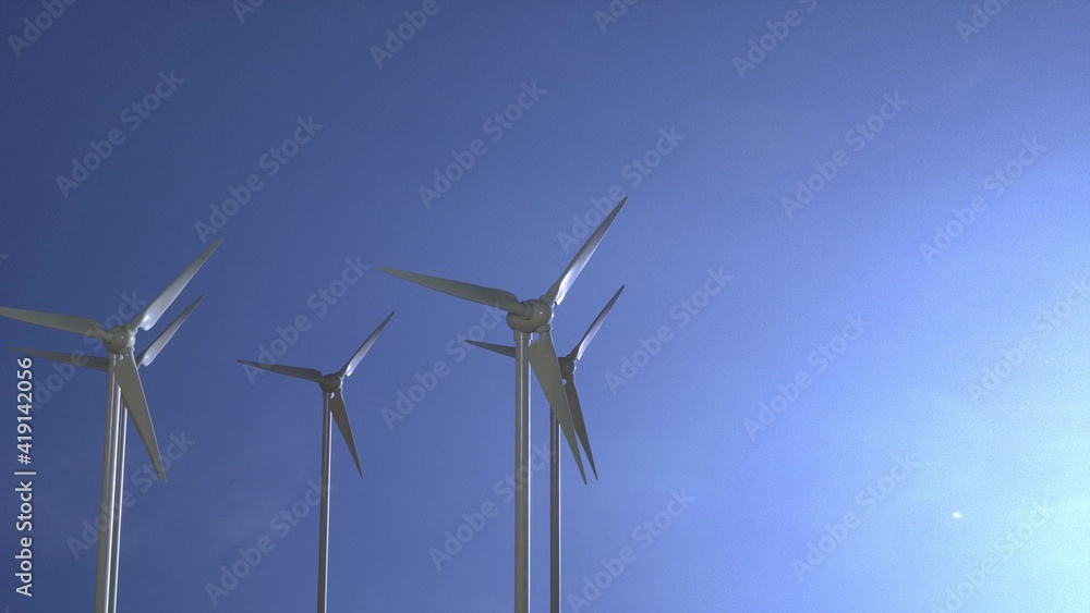 Rotating wind turbines. Green clean energy future concept. Windmill spinning with sun on blue sky. 3d illustration