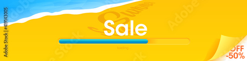 The summer is coming banner. The Sale concept with sea and sand and the loading bar. A vector illustration