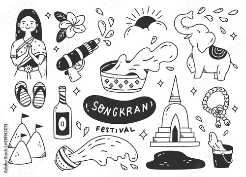 Songkran festival in thailand doodle illustration Art & Illustration