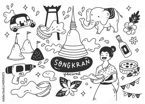 Songkran festival in thailand doodle illustration Art & Illustration
