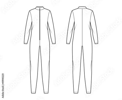 Catsuit Dungaree overall technical fashion illustration with full length, zipper closure, oversized body, long sleeves. Flat apparel garment front back, white color style. Women, men unisex CAD mockup