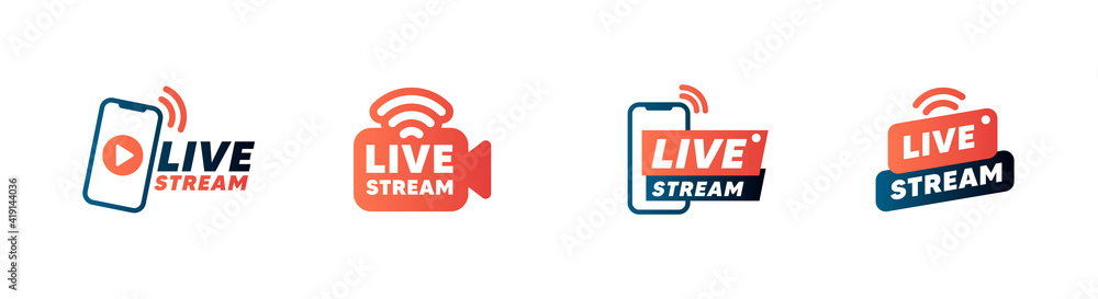 Set of live streaming icons and video broadcasting. Smartphone screen for online broadcast, streaming service.1 Set of live streaming icons and video broadcasting. Smartphone screen for online broadcast, streaming service.1