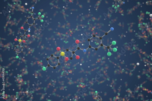 Bicalutamide molecule. Ball-and-stick molecular model. Chemistry related 3d rendering