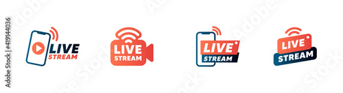 Set of live streaming icons and video broadcasting. Smartphone screen for online broadcast, streaming service.1