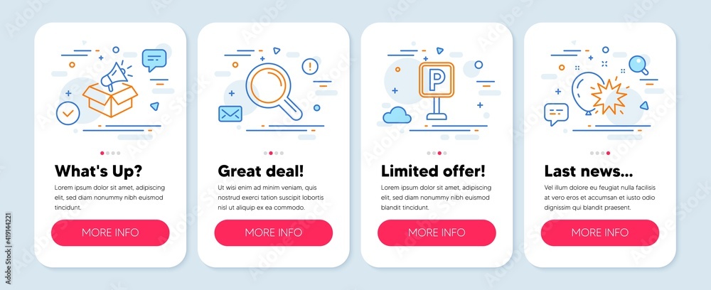 Set of Business icons, such as Megaphone box, Parking, Research symbols. Mobile screen app banners. Balloon dart line icons. Brand marketing, Auto park, Magnifying glass. Attraction park. Vector