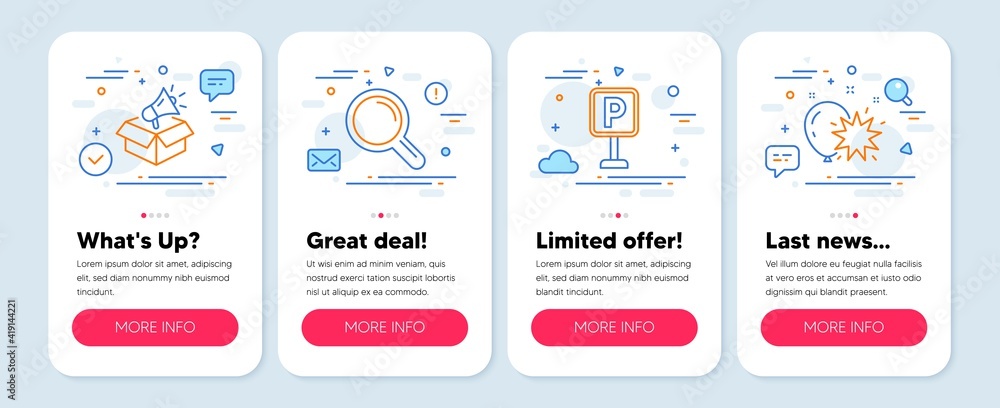 Set of Business icons, such as Megaphone box, Parking, Research symbols. Mobile screen app banners. Balloon dart line icons. Brand marketing, Auto park, Magnifying glass. Attraction park. Vector Set of Business icons, such as Megaphone box, Parking, Research symbols. Mobile screen app banners. Balloon dart line icons. Brand marketing, Auto park, Magnifying glass. Attraction park. Vector