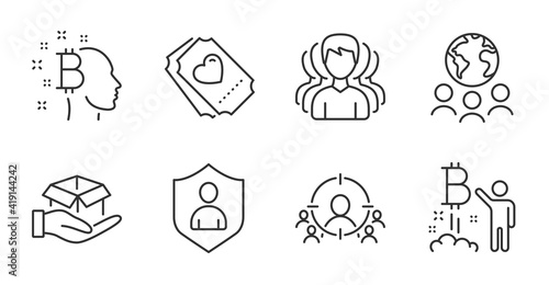 Global business, Group and Love ticket line icons set. Bitcoin project, Hold box and Security signs. Bitcoin think, Business targeting symbols. Outsourcing, Headhunting service, Heart. Vector
