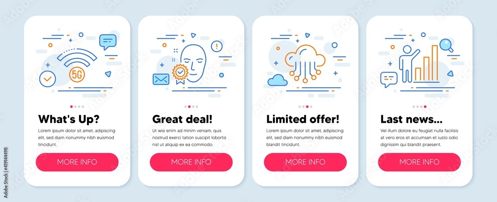 Set of Science icons, such as Cloud storage, Face verified, 5g wifi symbols. Mobile screen mockup banners. Graph chart line icons. Data service, Access granted, Wireless internet. Vector Set of Science icons, such as Cloud storage, Face verified, 5g wifi symbols. Mobile screen mockup banners. Graph chart line icons. Data service, Access granted, Wireless internet. Vector