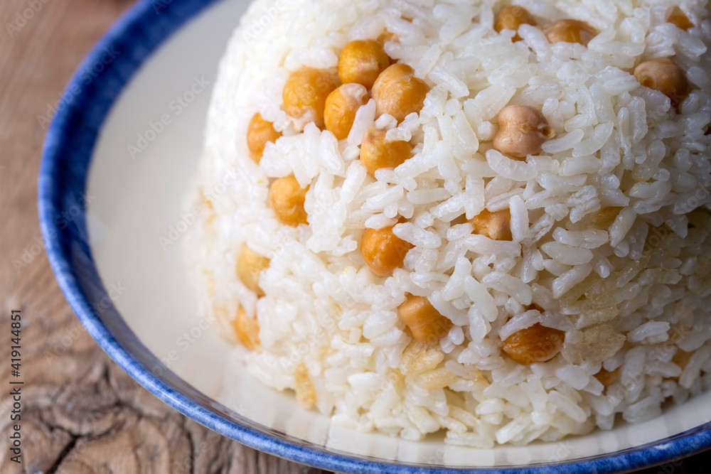 Turkish Rice with chickpea served, Turkish name; Nohutlu pilav or pilaf Turkish Rice with chickpea served, Turkish name; Nohutlu pilav or pilaf