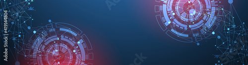 Abstract background with plexus effect. Scientific and technological concept with the use of technical elements formed in the shape of a circle.