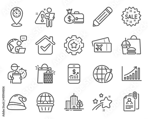 Business icons set. Included icon as Salary, Mobile finance, Shopping bags signs. Sale, Environment day, Interview documents symbols. Graph chart, Pencil, Online shopping. Santa hat, Timer. Vector