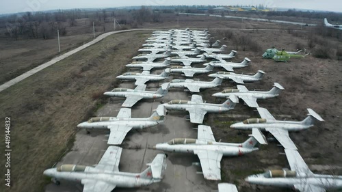 Aerial view of a squad of Aero L-29 Delfin jets photo
