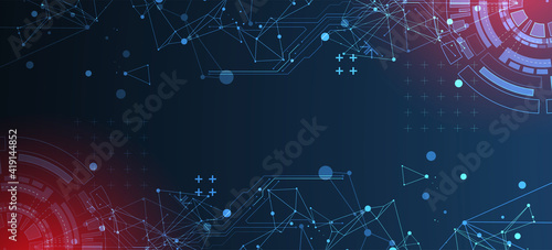 Abstract background with plexus effect. Scientific and technological concept with the use of technical elements formed in the shape of a circle.